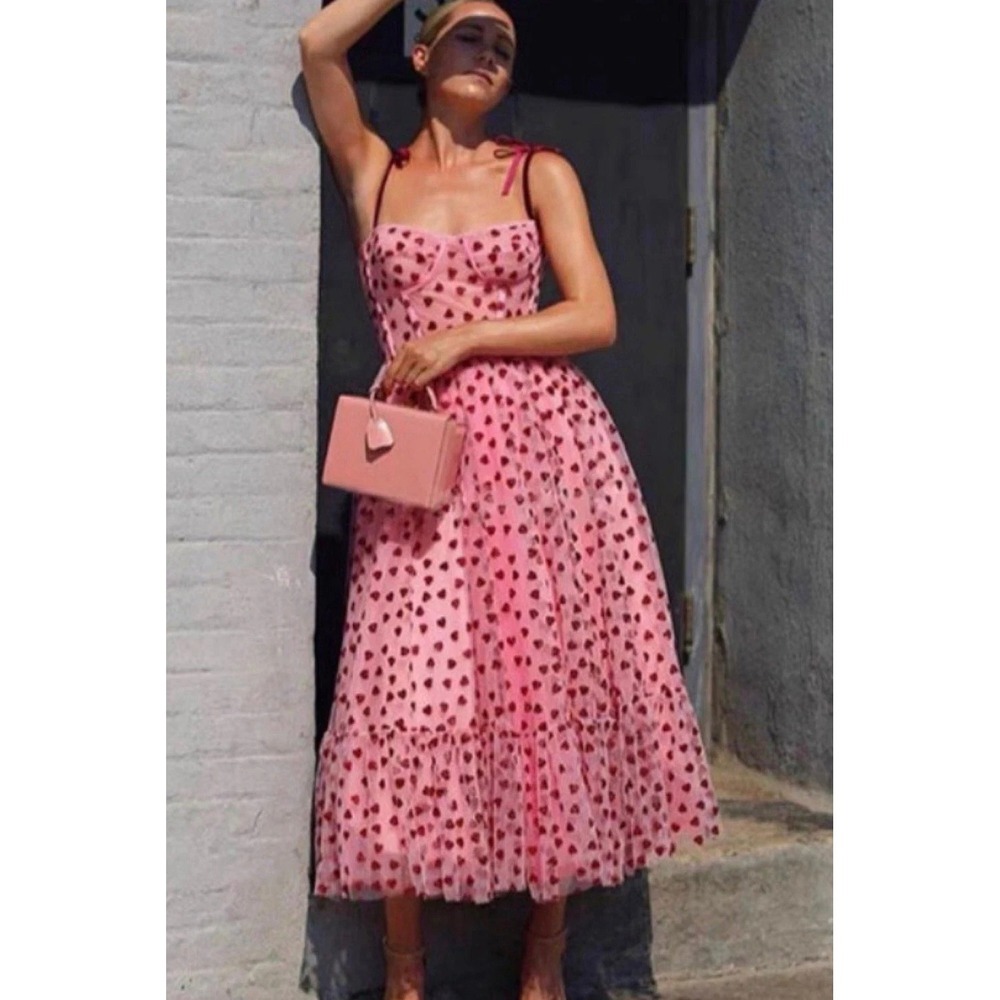 NEW Betsey Johnson Heart Pink Bustier Corset Tulle Midi Dress size 10 flowy - Picture 2 of 10